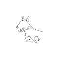 One continuous line drawing of fierce doberman dog for security company logo identity. Purebred dog mascot concept for pedigree