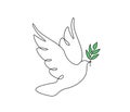 One continuous line drawing of flying dove with green olive twig. Bird and branch symbol of love peace and freedom in Royalty Free Stock Photo