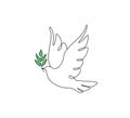One continuous line drawing of flying dove with olive branch. Bird and twig symbol of love peace and freedom in simple