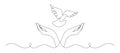 One continuous line drawing of flying dove with two hands. Bird symbol of peace and freedom in simple linear style Royalty Free Stock Photo