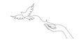 One continuous line drawing of flying dove with two hands. Bird symbol of peace and freedom in simple linear style Royalty Free Stock Photo