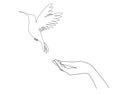 One continuous line drawing of flying dove with two hands. Bird symbol of peace and freedom in simple linear style. Royalty Free Stock Photo