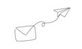 One continuous line drawing of flying Paper plane and mail. Sending Email message and newsletter in simple linear style Royalty Free Stock Photo