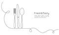 One continuous line drawing of food tools. Spoon fork and knife for decoration restoran menu ot banner in simple linear Royalty Free Stock Photo