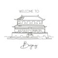 One continuous line drawing Forbidden City Palace landmark. World iconic place in Beijing, China. Holiday vacation home wall art