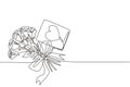 One continuous line drawing of fresh beautiful romantic rose flower with love greeting card. Modern invitation, logo, banner,