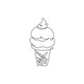 One continuous line drawing of fresh delicious American ice cream cone store restaurant logo emblem. Icecream cafe shop logotype