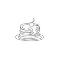 One continuous line drawing of fresh delicious American pancake with cherry restaurant logo emblem. Breakfast cafe shop logotype