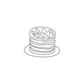 One continuous line drawing of fresh delicious American pancake piled restaurant logo emblem. Breakfast food cafe shop logotype