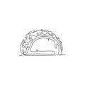 One continuous line drawing of fresh delicious Mexican tacos restaurant logo emblem. Fast food cafe shop logotype template concept Royalty Free Stock Photo