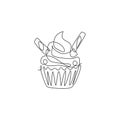 One continuous line drawing fresh sweet delicious American muffin with wafer stick logo emblem. Cookies cafe shop logotype