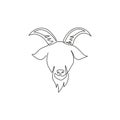 One continuous line drawing of funny cute goat head for livestock logo identity. Lamb mascot emblem concept for cattle icon.