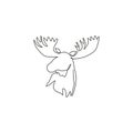 One continuous line drawing of gallant moose head for zoo logo identity. mascot concept for national conservation park icon.