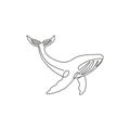 One continuous line drawing of giant whale for water aquatic park logo identity. Big ocean mammal animal mascot concept for