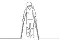 One continuous line drawing of a girl walking and using a pair wooden crutches and medical walking sticks for rehabilitation of