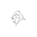 One continuous line drawing of gorilla head for national park logo identity. Primate animal portrait mascot concept for