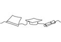 One continuous line drawing of graduation hat, certificate, and graduation letter paper roll. Academical graduation hat equipment Royalty Free Stock Photo