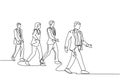 One continuous line drawing of group male and female urban commuters walking pass over on city street go to the office. Urban Royalty Free Stock Photo