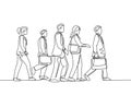 One continuous line drawing of group male and female urban commuters walking pass over on city street go to the office. Urban Royalty Free Stock Photo