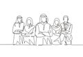 One continuous line drawing group of young muslim and multi ehtnic businessman businesswoman line up together. Islamic clothing Royalty Free Stock Photo