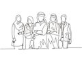 One continuous line drawing group of young muslim and multi ethnic manager pose standing together. Islamic clothing shemag Royalty Free Stock Photo