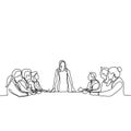 one continuous line drawing of group of young people as a worker talking and discussion at the meeting. A women as a leader gives Royalty Free Stock Photo