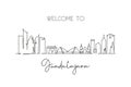 One continuous line drawing Guadalajara city skyline, Mexico. Beautiful landmark postcard. World landscape tourism travel vacation