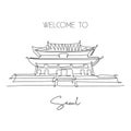 One continuous line drawing Gyeongbokgung Palace landmark. Old ancient castle in Seoul, South Korea. Holiday vacation wall decor