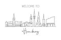 One continuous line drawing of Hamburg city skyline, Germany. Beautiful skyscraper. World landscape tourism travel wall decor