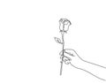 One continuous line drawing of hand holding beautiful romantic fresh rose flower. Modern greeting card, invitation, logo, banner, Royalty Free Stock Photo