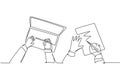 One continuous line drawing of hand typing on laptop keyboard and hand signing contract agreement paper together. Business deal