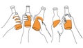 One continuous line drawing of Hands clink beer bottles. National Beer day.