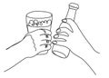 One continuous line drawing of Hands clink beer mug and bottle. National Beer day.