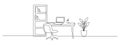 One continuous line drawing of home office interior. Modern work desk and chair with laptop and closet in linear style Royalty Free Stock Photo
