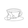 One continuous line drawing hot fresh glass cup of tea for tea shop logo emblem. Tea with teabag and drink coaster logotype Royalty Free Stock Photo