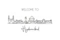 One continuous line drawing of Hyderabad city skyline, India. Beautiful city landmark wall decor poster. World landscape tourism