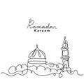 One continuous line drawing of islamic mosque, Ramadan Kareem handwritten lettering. Happy Eid Mubarak, Eid Fitr. Muslim religion