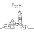 One continuous line drawing of islamic mosque, Ramadan Kareem handwritten lettering. Happy Eid Mubarak, Eid Fitr. Muslim religion