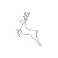 One continuous line drawing of jumping wild reindeer for national park logo identity. Elegant buck mammal animal mascot concept