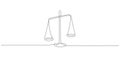 One continuous line drawing of law balance and scale of justice. Symbol of equality and concept court and logo firm in Royalty Free Stock Photo