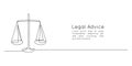 One continuous line drawing of law balance and scale of justice. Symbol and logo of equality and logo concept court in Royalty Free Stock Photo