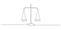 One continuous line drawing of law balance and scale of justice. Symbol and logo of equality and outline concept court Royalty Free Stock Photo