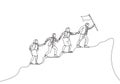 One continuous line drawing of male and female team member stick together follow their leader who holds flag to reach the top