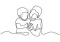 One continuous line drawing of a man with a child. Father and his children. The young father smiles and holds the baby in his arms