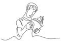 One continuous line drawing of men reading a book. A teenager boy is read a book for study at home. Back to school concept hand