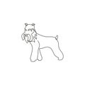 One continuous line drawing of miniature schnauzer dog for company logo identity. Purebred dog mascot concept for pedigree