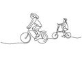 One continuous line drawing of mother riding bicycle with her child at countryside together. Character of a woman with her son