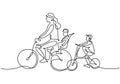 One continuous line drawing of mother riding bicycle with her child at countryside together. Character of a woman with her son Royalty Free Stock Photo