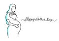 One continuous line drawing of muslim woman pregnant with hand drawn lettering happy mother`s day isolated on white background. Royalty Free Stock Photo