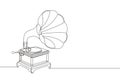 One continuous line drawing of old retro analog gramophone with vinyl desk. Antique vintage music player concept Royalty Free Stock Photo